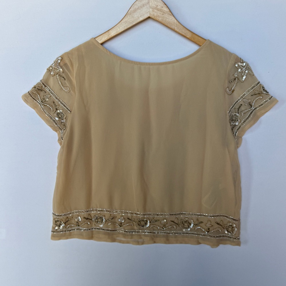 Zara Beaded Sequin Lined Top Women's Medium Tan Floral Sheer Fairycore Whimsical - Picture 10 of 10